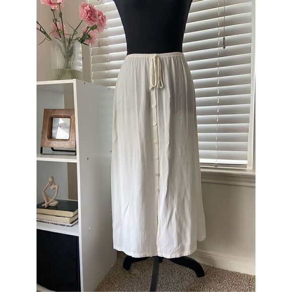Clio Sz M Ivory Vintage Elastic Midi A-Line Skirt USA-Made Button Front Boho - Picture 1 of 9
